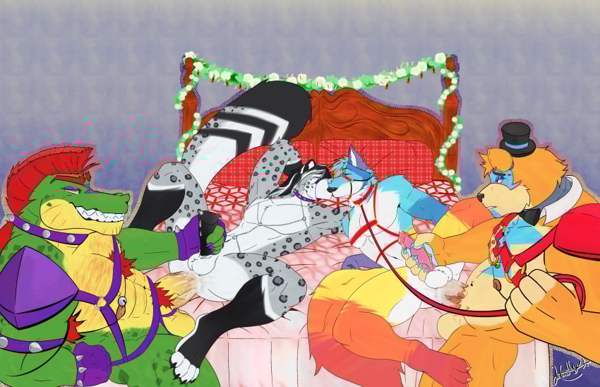 abs absurd_res alligator alligatorid anal anal_sex animal_genitalia animal_penis anthro bear bed big_tail bodily_fluids body_hair canid canine canine_genitalia canine_penis canis chest_hair christmas clothing collar crocodilian cum cum_inside felid five_nights_at_freddy's five_nights_at_freddy's:_security_breach flower frostburnwolf fur furniture genital_fluids genitals glamrock_freddy gloves grey_body grey_fur group halley_karillion handwear harness hat headgear headwear hi_res holidays humanoid_genitalia humanoid_penis kissing knot leash leash_pull leashed_collar lying male male/male mammal masturbation montgomery_gator monty_greymane multicolored_body multicolored_fur nipples on_back pantherine pawpads penetration penis plant pubes reptile scalie scottgames smile snow_leopard spikes spread_legs spreading steel_wool_studios tail wolf