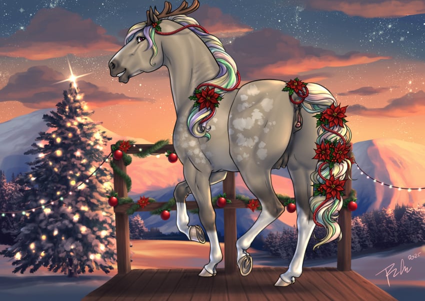2025 animal_genitalia animal_vulva antlers anus blonde_mane blue_mane blue_sky blue_tail christmas christmas_tree cloud dated equid equine equine_anus equine_genitalia equine_vulva eyelashes female female_feral feral genitals grey_body grin hi_res holidays horn horse leg_markings looking_at_viewer mammal mane markings orange_sky pink_mane pink_tail plant presenting presenting_anus presenting_vulva purple_eyes rufciu signature sky smile socks_(marking) solo star sunset tail tree vulva yellow_tail