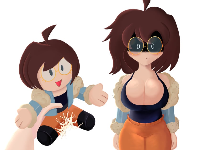 a_barbershop_haircut_that_costs_a_quarter big_breasts blue_jacket brown_hair cum cum_in_plushie glasses kev_m._marsh orange_pants original_character perfectos_desconocidos perfectos_desconocidos_(invitado) plushie plushophilia scared sparkle_doll_meme yoga_pants