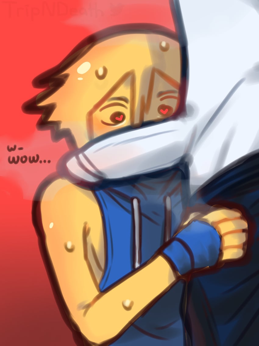 2boys 2d 2d_(artwork) black_pants blue_gloves blue_jacket duo gay guest_(roblox) heart-shaped_pupils heart_eyes humanoid humanoid_penis looking_at_penis male/male male_only noob_(roblox) penis penis_awe penis_near_face penis_over_mouth roblox robloxian self_upload sweat sweaty text tripndeath watermark white_skin wow yaoi yellow_hair yellow_skin