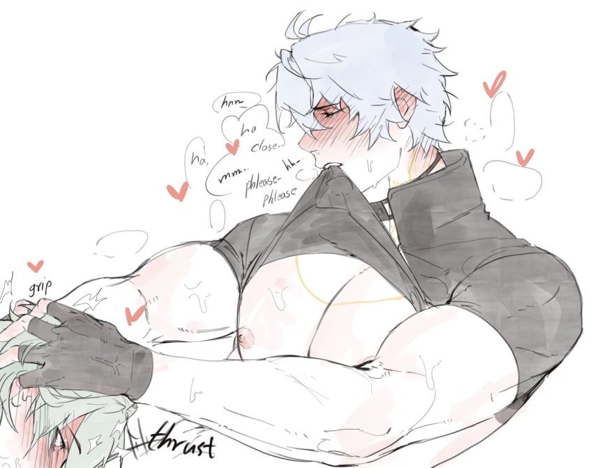 anaxa_(honkai:_star_rail) biting_clothes blush closed closed_eyes cropped cropped_image eye_roll gay gay_sex holding_hair honkai:_star_rail male/male moaning muscular nipples oral oral_sex phainon_(honkai:_star_rail) rough_sex sucking_penis sweat talking