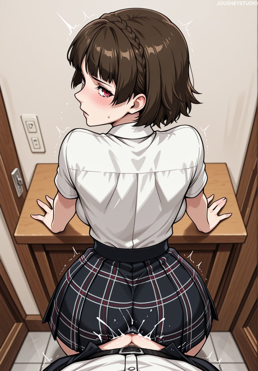 1boy ai_generated arm_support ass atlus back backboob bent_over black_pants black_skirt blush braid breasts brown_hair classroom closed_mouth clothed_sex clothing collared_shirt crown_braid cum cum_in_pussy cum_overflow desk door ejaculation female from_above from_behind indoors jousneystudio large_breasts locker looking_at_viewer looking_back makoto_niijima male miniskirt niijima_makoto patreon_username penis persona persona_5 persona_5_royal plaid plaid_skirt pleated_skirt pov_crotch red_eyes school_uniform sex sex_from_behind shirt shirt_tucked_in short_hair short_sleeves skirt solo_focus standing standing_sex straight torn_clothes trembling uniform white_shirt