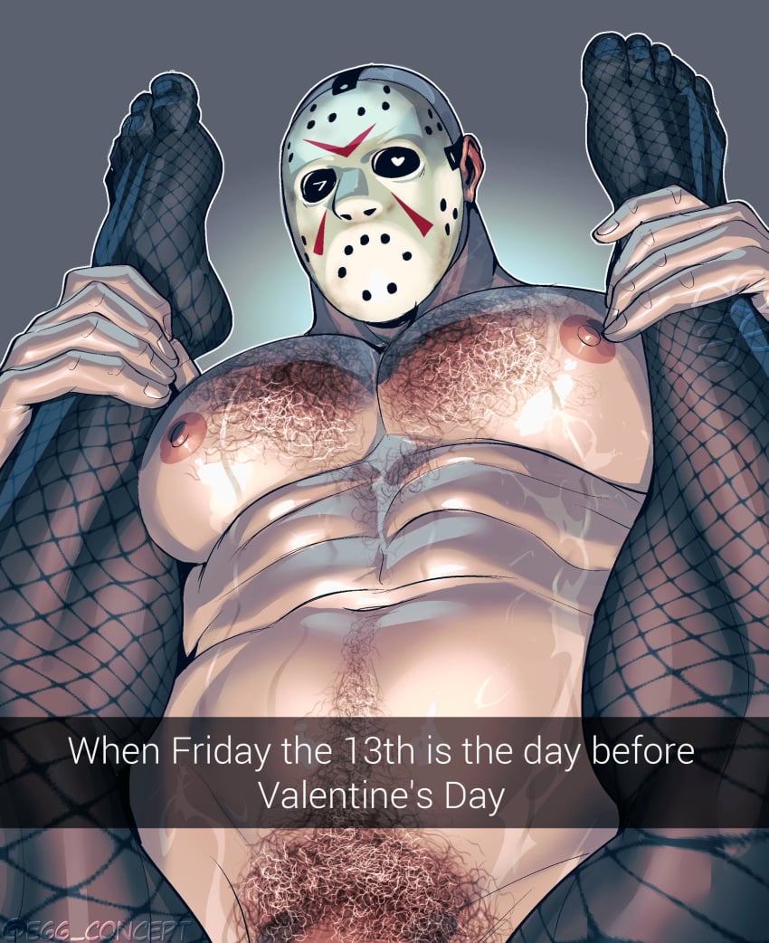 bara barefoot egg_concept fishnet_legwear fishnets friday_the_13th hockey_mask horror_movie human jason_voorhees legs_up muscular muscular_male pov taker_pov