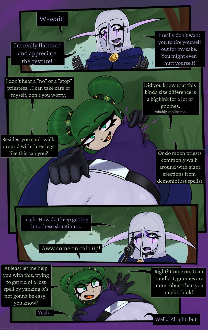 absurd_res blizzard_entertainment choker clothing collar comic creambeam elf erection erection_under_clothing facial_markings female gnome_(warcraft) gynomorph head_markings hi_res humanoid intersex jewelry latex latex_clothing markings moymoy_fizztwist necklace night_elf not_furry power_bottom riinea_moongazer spiked_collar spikes warcraft