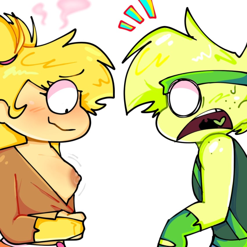 1boy1girl blush boobs_out breasts breasts_out_of_clothes broz_boyz broz_boyz_go glimmilly_(milly) green impressed oc ocs original_character original_characters showing_breasts surprised surprised_expression yellow zlayway_(miles)