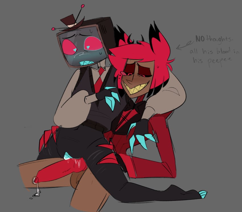 2boys alastor_(hazbin_hotel) blush clit cuntboy elimin4tion erect erect_penis erection hazbin_hotel hazbin_hotel_(season_2) holding_hips knot knotted_penis large_penis leaking_cum nervous no_pants nosoidum on_lap precum precum_drip scars scars_on_thighs sweat top_surgery_scars transmasc vox_(hazbin_hotel) wet wet_pussy