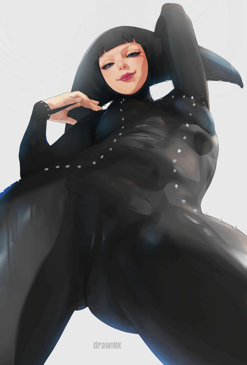 1girls 2d absurdres belly_bulge black_body black_bodysuit black_hair bodysuit boruto:_naruto_next_generations boruto:_two_blue_vortex breasts colored_sclera crotch crotch_focus drawink erect_nipples erect_nipples_under_clothes female female_only high_resolution highres kazamatsuri_moegi leather_clothing leather_outfit looking_at_viewer looking_down low-angle_view matsuri_(boruto) naruto naruto_(series) pink_lips pinup pov pussy pussy_visible_through_clothes ringed_eyes rinnegan small_breasts smile solo solo_female solo_focus spikes thighs thight_clothing underboob viewed_from_below white_background