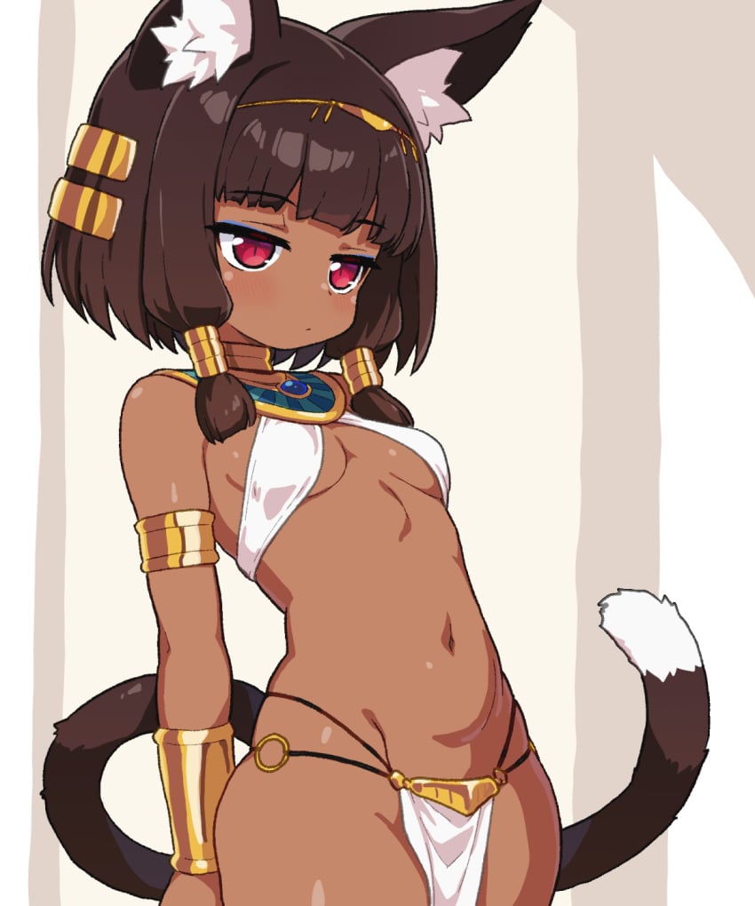 ancient_egyptian ancient_egyptian_clothes animal_ear_fluff animal_ears armlet bangle bare_shoulders blue_eyeshadow blunt_bangs bracelet breasts brown_hair cat_ears cat_tail cowboy_shot dark-skinned_female dark_skin expressionless eyeshadow female hair_tubes jewelry jitome makeup navel original red_eyes revealing_clothes shirogane_hakuba short_hair small_breasts solo tail usekh_collar white_loincloth
