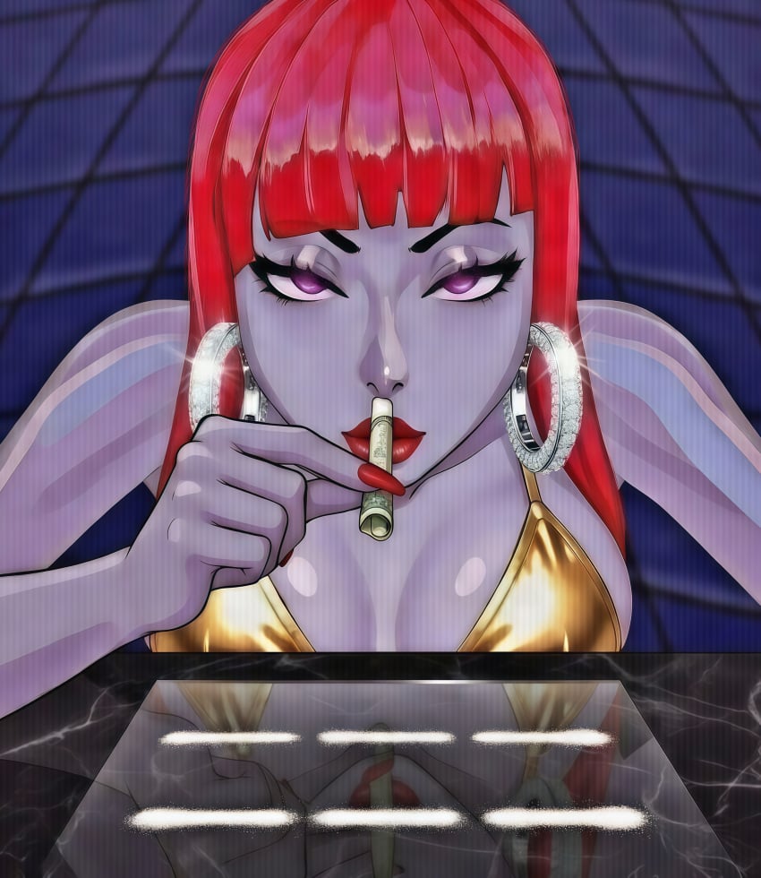 addiction bangs big_breasts bill_in_nose bimbo bob_cut cleavage close-up club cocaine cocaine_lines curvy dark_background detailed detailed_background detailed_face diamond_earrings dim_lighting dollar_bill drug_use drugs explicit fellatrix female gold_bikini golden_bikini grey_skin half-closed_eyes highres holding_bill large_breasts large_hoop_earrings lines_of_cocaine long_hair looking_at_viewer makeup monadrito money neon_lights nightclub nsfw party_girl powder_on_table purple_eyes purple_skin red_hair red_lipstick rolled_bill seductive_smile snorting snorting_cocaine solo spider_web straight_bangs string_bikini suggestive thick_thighs upper_body violet_eyes voluptuous white_powder