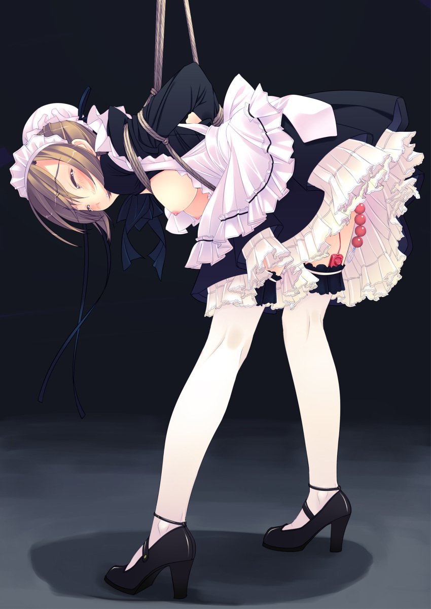 1girls apron arms_behind_back bent_over blush bondage breasts brown_hair closed_eyes f-ism female female_focus female_human female_only frills garters high_heels highres human human_female human_focus human_only looking_at_viewer maid maid_headdress murakami_suigun nipples original restrained ribbon ruffles sex_toy shoes skirt solo solo_focus standing tear thighhighs vibrator white_legwear