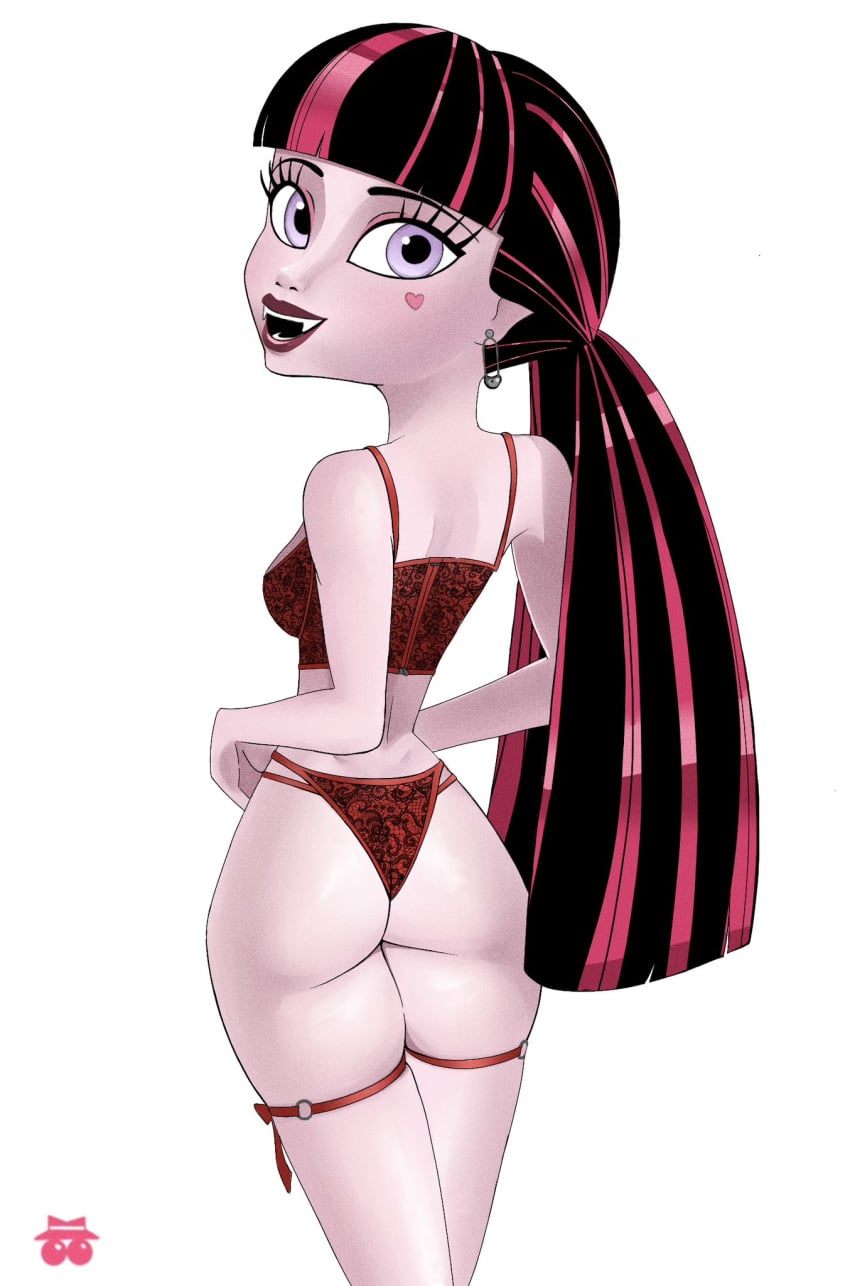 1girls ass ass_focus curvy curvy_figure draculaura fangs female_focus female_only imminent_sex lingerie lingerie_only looking_at_viewer looking_back monster_girl monster_high multicolored_hair phonebooth38816 pink_skin plump_ass purple_eyes sideboob skinny_female thick_thighs twintails underwear vampire_girl