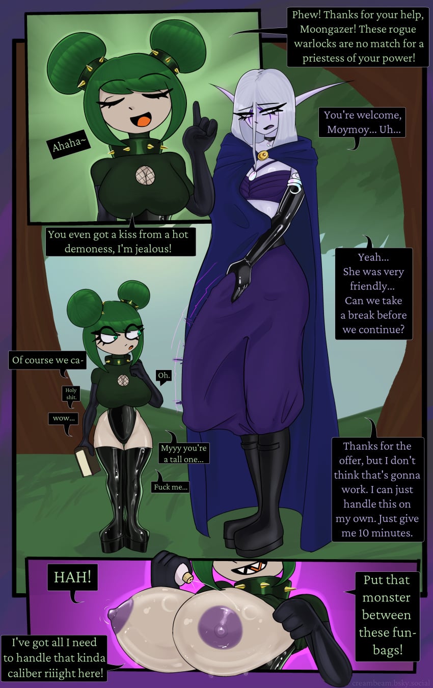 absurd_res big_breasts blizzard_entertainment breasts choker clothing collar comic creambeam elf english_text erection erection_under_clothing facial_markings female gnome_(warcraft) green_eyes gynomorph head_markings hi_res intersex jewelry latex latex_clothing markings moymoy_fizztwist necklace night_elf nipples not_furry oil power_bottom riinea_moongazer size_difference small_breasts spiked_collar spikes text undressing_self warcraft
