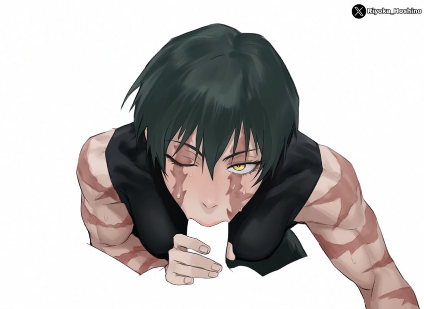 abs ai_generated balls big_penis blowjob brown_eyes burn_scar clothed clothing drool drool_string drooling green_hair jujutsu_kaisen kneeling large_penis looking_at_another makeup maki_zenin mascara muscular muscular_male onomatopoeia plonte riyoka_hoshino ruined_makeup saliva scar sex short_hair sloppy sloppy_blowjob sound_effects sweat sweatdrop sweating testicles text unseen_male_face veins veiny_penis zenin_maki