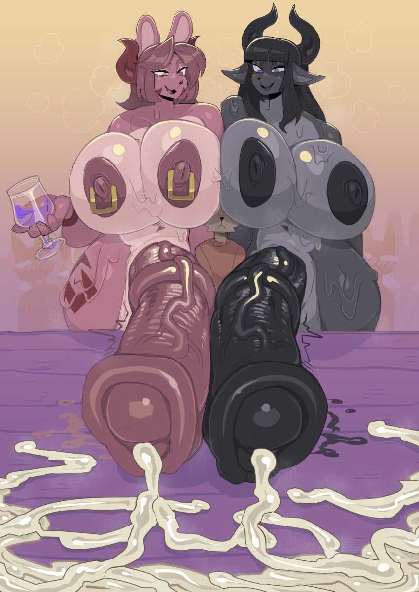 2futas anthro big_areola big_ass big_balls big_breasts big_butt big_nipples big_penis big_thighs blush cum cumshot dickgirl flustered furry futanari huge_ass huge_breasts huge_cock hyper_penis lucy_(thisaccountdoesexist) marcella_(abitrandom) nanokindred nanovexx nipple_piercing sandwich_position sandwiched steam steaming_body sweat sweating veiny_penis