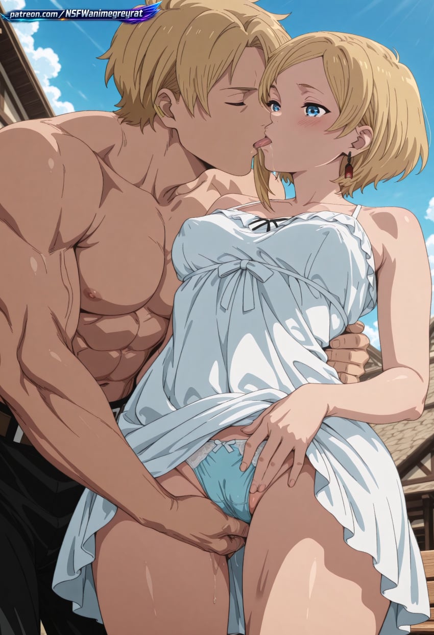 1boy 2d 2people adult_male ai ai_assisted ai_generated anime_coloring arms_around_waist back_hug behind blonde_hair blue_eyes blue_sky blush bob_cut bowknot bushy_hair cel_shading centered_composition clean_lineart clean_lines clouds dangling_earring daylight detailed_background digital_art doorway dress_lifted dynamic_angle empire_waist female fingering flustered foreshortening from_behind gathered_skirt glossy_skin grabbing grabbing_legs hairy_pussy hands_on_hem high_contrast high_detail highres illustration looking_forward loose_strands low_angle male masturbation mushoku_tensei open_mouth outdoor paul_greyrat perspective pubic_hair pussy ribbon roof_tiles sara_(mushoku_tensei) sharp_focus short_hair side_swept_bangs single_earring sleeveless_dress smile smirk smooth_gradients soft_lighting soft_shading spooning standing stone_wall street surprised_expression sweatdrop tears teary_eyes testicles thigh_focus tongue tongue_out torso_focus underwear vagina vaginal_penetration village white_dress wooden_beam