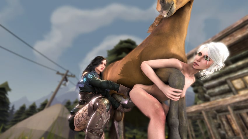 2girls animal_genitalia beastiality bending_over black_hair boots ciri corset gloves green_eyes horse horsecock purple_eyes scar sfm source_filmmaker stockings the_witcher_(series) the_witcher_3:_wild_hunt vaginal_penetration white_hair yennefer