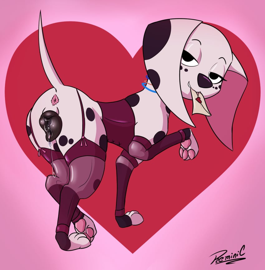 101_dalmatian_street 101_dalmatians absurd_res animal_genitalia animal_vulva anus ass bodily_fluids canid canine canine_genitalia canine_vulva canis clothing corset dalmatian disney dolly_(101_dalmatians) domestic_dog female feral genital_fluids genitals heart_symbol hi_res holidays legwear lidded_eyes lingerie lingerie_on_feral looking_at_viewer looking_back looking_back_at_viewer mammal nylon nylon_stockings pawpads paws presenting presenting_hindquarters raised_leg raised_tail rear_view reminic solo stockings tail topwear translucent vaginal_fluids valentine's_day valentine's_day_card vulva