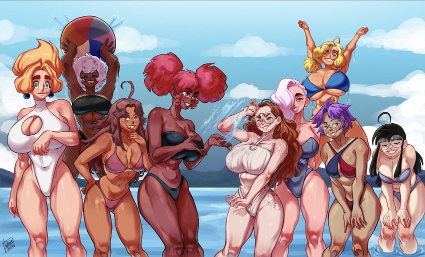 black_bikini black_hair blonde_hair cleavage dark-skinned_female francesca_faraday freckles glasses hair_over_one_eye leaning_forward looking_at_viewer lotta_(zephyrgales) lukex8a multiple_girls one-piece_swimsuit original outdoors pink_hair purple_hair red_hair smile standing swimsuit teeth twintails weiss_(modren) white_bikini