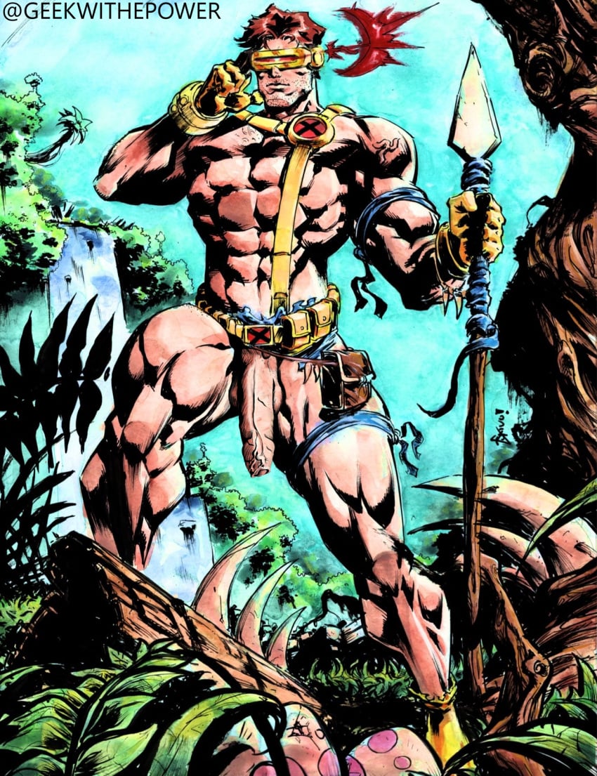 balls big_balls big_cock big_dick big_penis clothing crepuscular_rays cyclops cyclops_(x-men) edit edited edited_art edited_official_artwork exposed_penis foreskin geekwithepower male male_only marvel marvel_comics muscular muscular_male penis ripped_clothing savage_land scott_summers uncircumcised uncut x-men