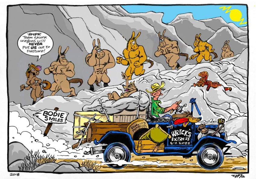 abs anthro barefoot breasts casual_nudity clenched_fist completely_naked completely_nude completely_nude_male coyote english_text equid female flaccid_penis horse humanoid_genitalia humanoid_hands humanoid_penis male mammal masculine_male mule muscular muscular_male nature navel nipples nude_anthro outdoor_nudity outside pecs penis schirm speech_bubble tail text third-party_edit toes truck