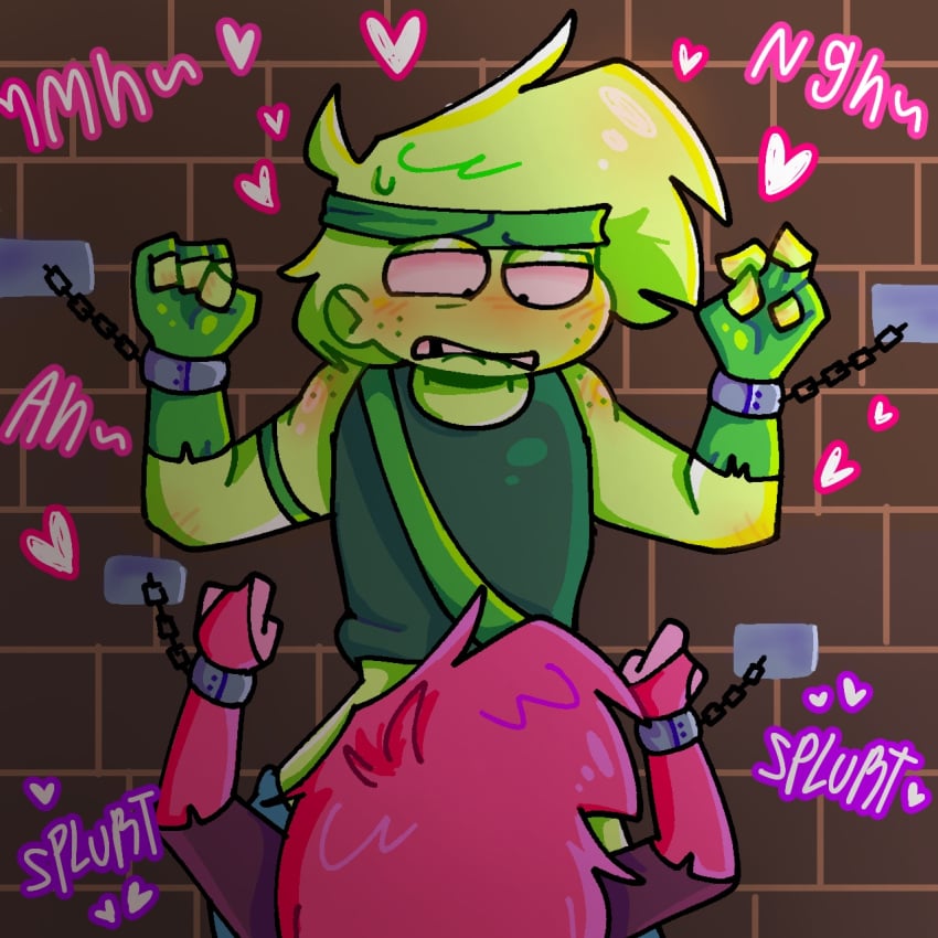 1boy1girl blowjob broz_boyz broz_boyz_go chained chained_together chained_wrists chains freckles green heart_symbol moan moaning moaning_in_pleasure pants_down pink pinkyroxxy_(pinky) sketch slurp zlayway_(miles)