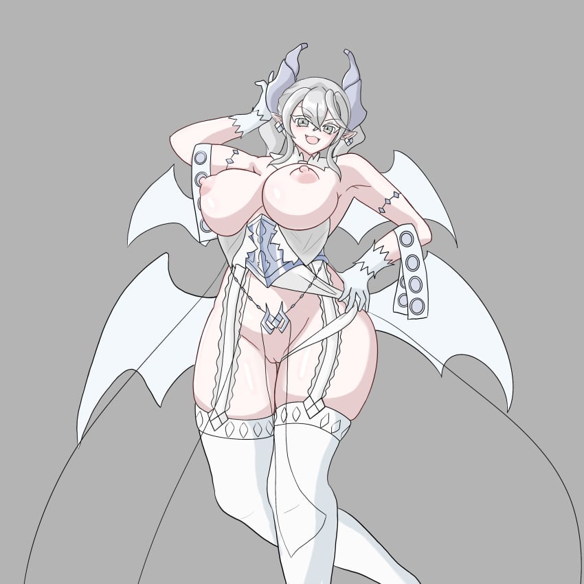 :3 areolae armored_dress armpits arms_up curvy demon demon_girl demon_horns demon_wings duel_monster erect_nipples exposed_breasts female gloves hand_on_ass huge_breasts konami labrynth_of_the_silver_castle laugh legwear lovely_labrynth_of_the_silver_castle low-angle_view mature_female nipples no_panties one_arm_up open_mouth pale-skinned_female pose princess pussy queen smile standing transparent_clothing twin_drills twintails uncensored voluptuous younger_female yu-gi-oh! yumhy