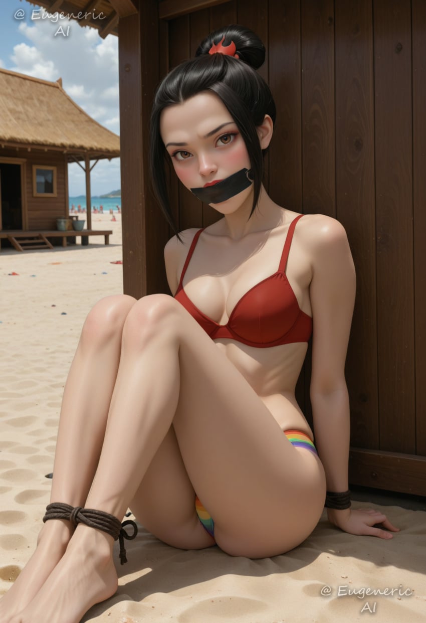 ai_generated arms_behind_back artist_name avatar_the_last_airbender azula bare_shoulders barefoot beach bikini black_hair blue_sky blush bondage bound bound_ankles bound_legs bound_wrists breasts brown_eyes cleavage cloth_gag collarbone day eugenericai feet female gag gagged hair_bun hair_ornament improvised_gag knees_up legs_together looking_at_viewer medium_breasts multicolored_bikini multicolored_clothes outdoors red_bikini rope sand single_hair_bun sitting sky solo swimsuit tape tape_gag toes