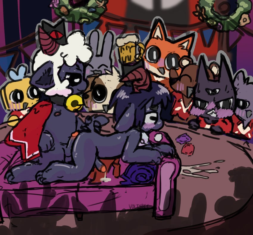 alcohol anthro arthropod bear bee beer beverage blush bodily_fluids bovid canid canine canis caprine cult_of_the_lamb cum domestic_dog duo furniture genital_fluids goat goat_(cult_of_the_lamb) hi_res hymenopteran imminent_sex insects lagomorph lamb_(cult_of_the_lamb) leporid male male/male mammal massive_monster_(studio) narinder party penis_on_butt precum public public_sex rabbit sex sheep sofa stage tail_hold voltybee