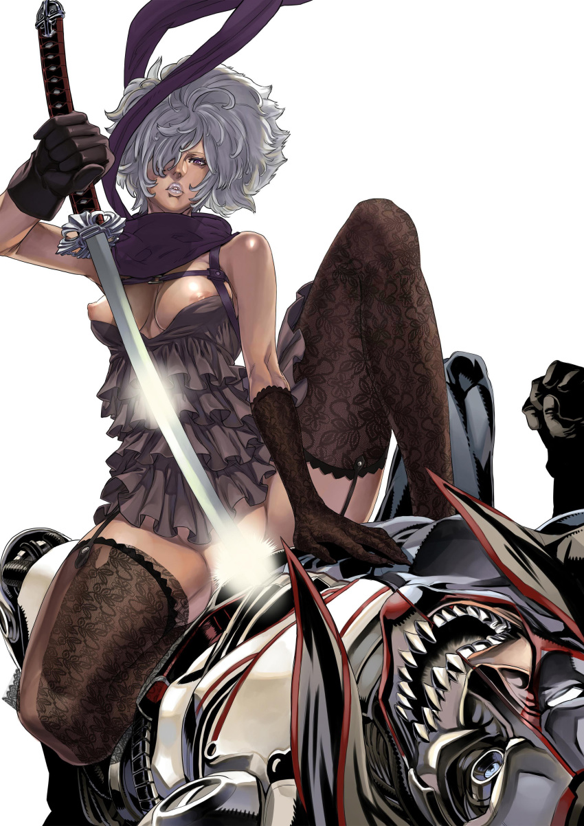 afro bare_shoulders breasts camisole censored convenient_censoring cowgirl_position dark_skin dress frills gathers gloves high_resolution katana lace lips nipples no_more_heroes no_panties purple_eyes scarf shinobu_jacobs short_hair silver_hair sword thighhighs weapon white_hair zunta