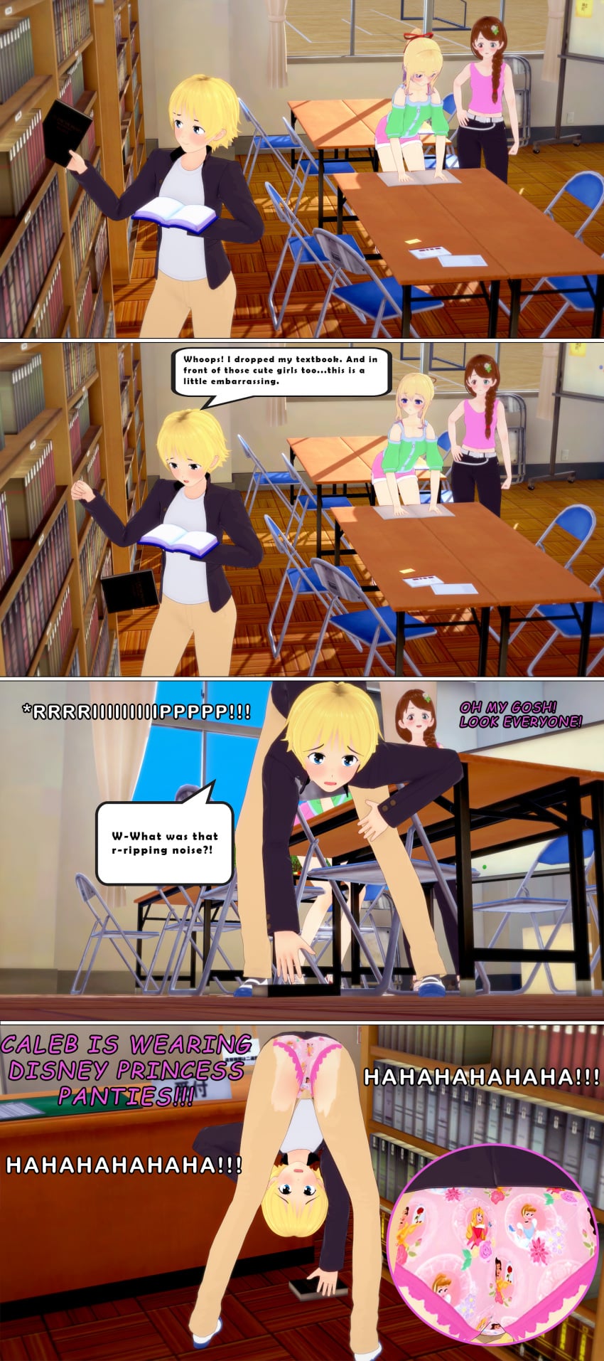 1boy 1boys 2girls 2girls1boy 3d 3d_(artwork) 3d_artwork 3d_background 3d_model 3d_render 4_panel_comic 4koma aurora aurora_(sleeping_beauty) beauty_and_the_beast beauty_and_the_beast_(1991_film) belle_(beauty_and_the_beast) belt bending_over bent_over black_pants black_text black_vest blonde-haired_female blonde-haired_male blonde_female blonde_hair blonde_hair_female blonde_male blue_chair blue_eyes blue_shoes blush blushing_male bookshelf bookshelves bow bow_in_hair briefs brown_hair brown_table bullying buttoned_clothing chair chairs childish_panties childish_underwear cinderella cinderella_(1950_film) cinderella_(disney) comic comic_sans comic_strip disney disney_princess dress_pants dropping_object embarrassed embarrassed_expression embarrassed_male embarrassing_panties eyebrows eyelashes eyes femboy flower_hair_accessory flower_hair_ornament flower_hairclip flower_hairpin frilly_clothing frilly_panties frilly_underwear green_shirt hair hair_accessory hair_ornament hair_pin hair_ribbon hairbow hairclip hands hands_on_table heterochromatic_eyes heterochromia holding_book holding_object humiliated humiliated_male humiliating humiliation laughing laughing_at_another light_green_clothing long_blonde_hair long_brown_hair long_brown_hair_female long_hair male_focus object_on_table oc original_character panties pants pink_panties pink_tank_top pink_text pink_underwear pink_undies ponytail ponytail_(hair) ponytail_female public public_exposure public_humiliation red_bow red_hair_bow red_hair_ribbon red_ribbon red_ribbon_in_hair ribbon ribbon_in_hair ripped_clothing ripped_pants school schoolboy schoolgirl shirt shoes short_hair short_hair_male sleeping_beauty sleeping_beauty_(1959_film) stomach sunset table tank_top text text_bubble textbook tight_clothes tight_clothing tight_pants underpants underwear vest waistband white_belt white_shirt white_text worried_expression worried_face worried_look worried_male