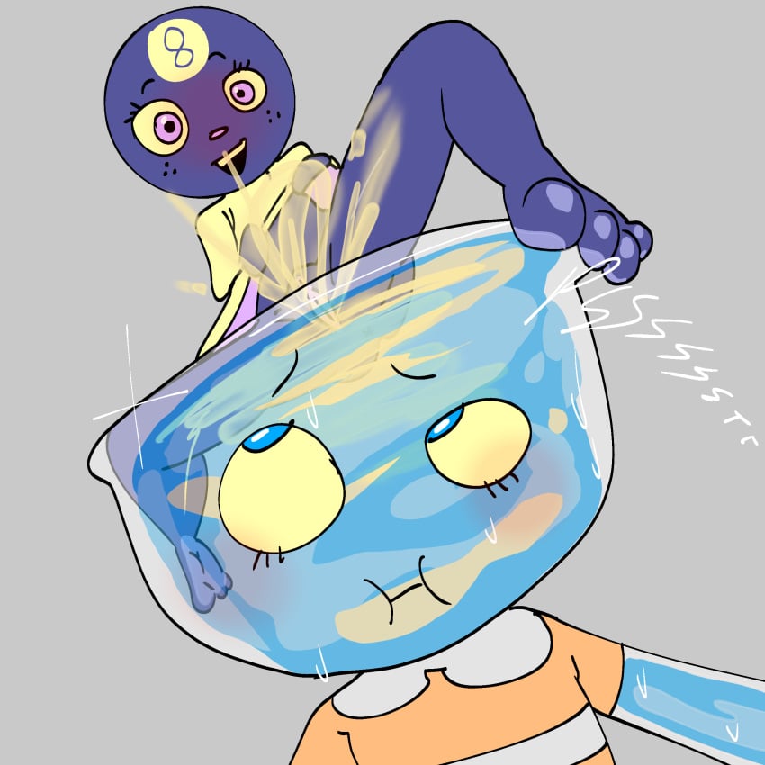 aged_up dandy's_world finn_(dandy's_world) fish_bowl happy_female lifting_skirt nervous no_panties peeing pink_pussy pissing_on_another pussy_juice smiling_at_viewer sweatdrop toodles_(dandy's_world) younger_female