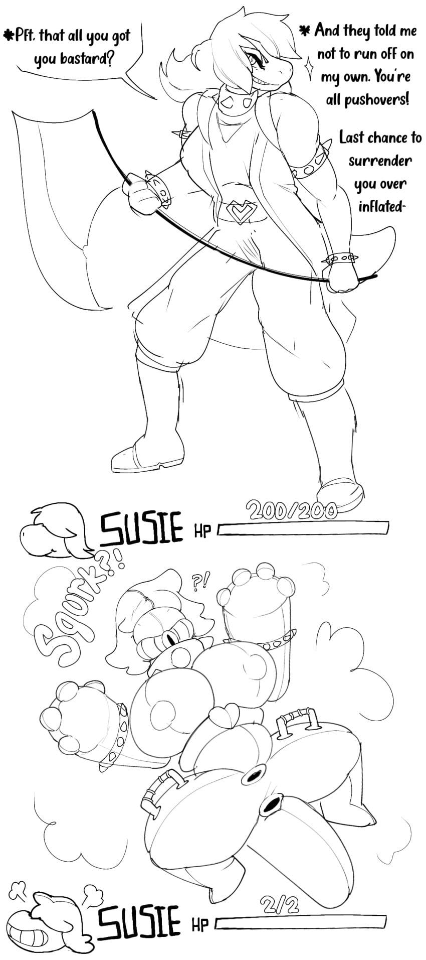 absurd_res axe belt boots bottomwear bracelet breasts choker clothing defeated deltarune dialogue english_text exclamation_point faetomi female footwear gameplay_mechanics gui hair handles_on_hips health_bar heart_symbol hi_res inflatable jacket jewelry long_hair monochrome necklace pants question_mark scalie sex_toy sharp_teeth shoes speech_bubble spiked_bracelet spiked_choker spikes susie_(deltarune) teeth text topwear transformation undertale_(series) weapon