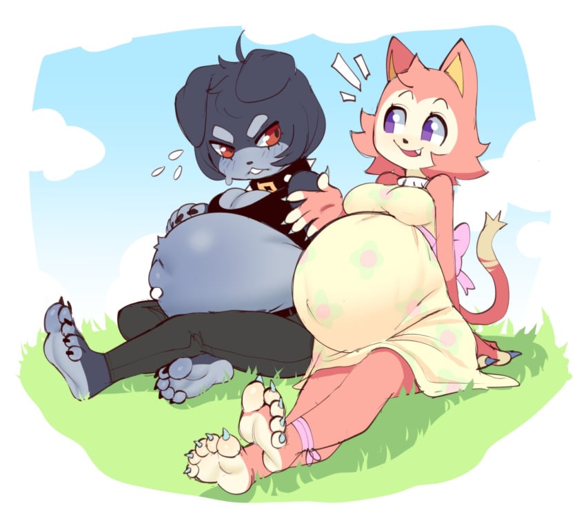 2girls anthro barefoot black_fur blue_fur canine cat_ears cat_girl cat_tail catgirl claws cleavage collar dog_ears dog_girl feet feline female female_only foot_fetish full_body furry hellbrain maternity_clothes maternity_dress medium_breasts multiple_pregnancies original original_character outie_navel pink_fur pregnant purple_eyes ready_to_pop red_eyes sharp_claws short_hair sitting smile soles spiked_collar sweat toe_claws two_tone_fur