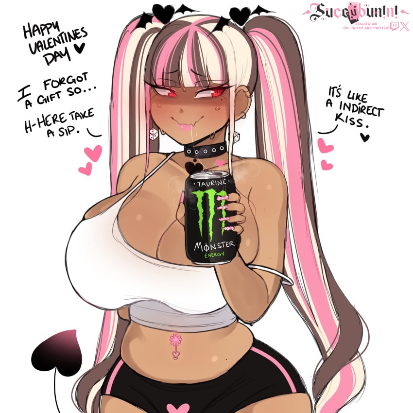 1girls absurd_res artist_name bangs blonde_hair blunt_bangs blush brown_hair can choker cinnabus cleavage dark-skinned_female dark_skin dialogue earrings energy_drink english_text eyelashes female female_only heart huge_breasts indie_virtual_youtuber long_twintails looking_at_viewer monster_energy monster_energy_can navel_piercing original_character pink_hair pink_lipstick red_eyes saliva_string shorts slit_pupils smiling smiling_at_viewer solo speech_bubble succubunini succubus succubus_tail tail talking_to_viewer three-tone_hair twintails virtual_youtuber wavy_mouth white_background