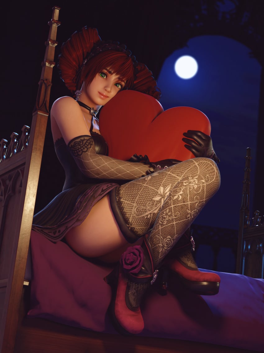 1girls 3d 3d_(artwork) 3d_render amy_sorel bed black_legwear bridal_gauntlets drill_hair green_eyes heart_pillow lingerie long_hair mrstranger pillow red_hair sitting smile solo_female soul_calibur valentine's_day