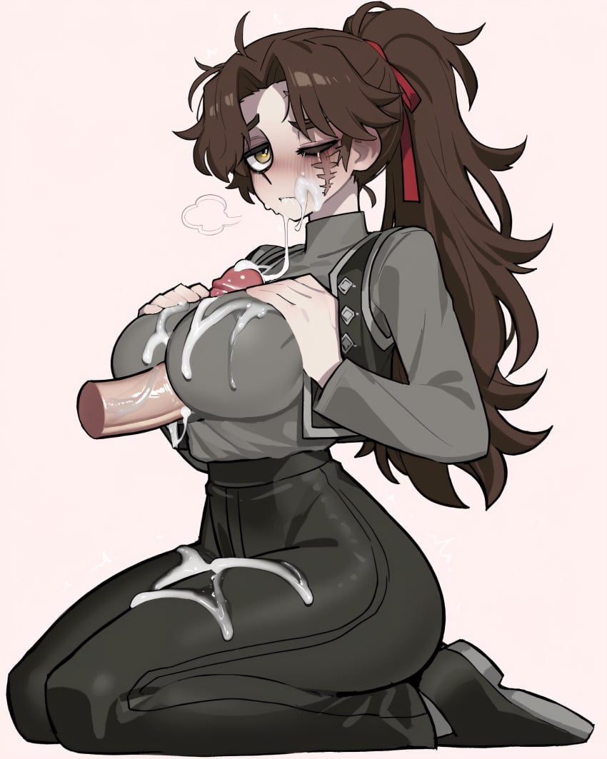1boy 1girls absurd_res ai_generated alternate_breast_size alternate_hair_length ass black_pants black_vest breasts brown_eyes brown_hair burn_scar clothed clothed_female clothed_paizuri clothed_sex clothed_titfuck cum cum_on_breasts cum_on_face disembodied_penis duo facial falsegate genderswap_(mtf) gray_undershirt highres identity_v idv large_ass large_breasts long_hair matthias_czernin paizuri paizuri_lead_by_female pants penis penis_between_breasts ponytail rule_63 scar scar_on_face scarred scarred_face self_upload stable_diffusion straight thick_thighs thighs titjob vest wide_hips
