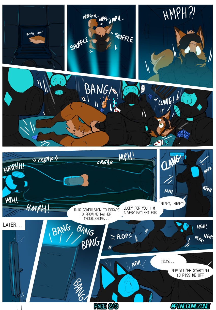 absurd_res anthro bodily_fluids bondage bound captured comic cuff_(restraint) dialogue drone duct_tape gag gagged genitals gimp_suit handcuffs hi_res invalid_tag kidnapping latex male metal_cuffs muffled nude nude_anthro nude_male penis restraints straitjacket straps struggling surprised sweat tail tape voweless