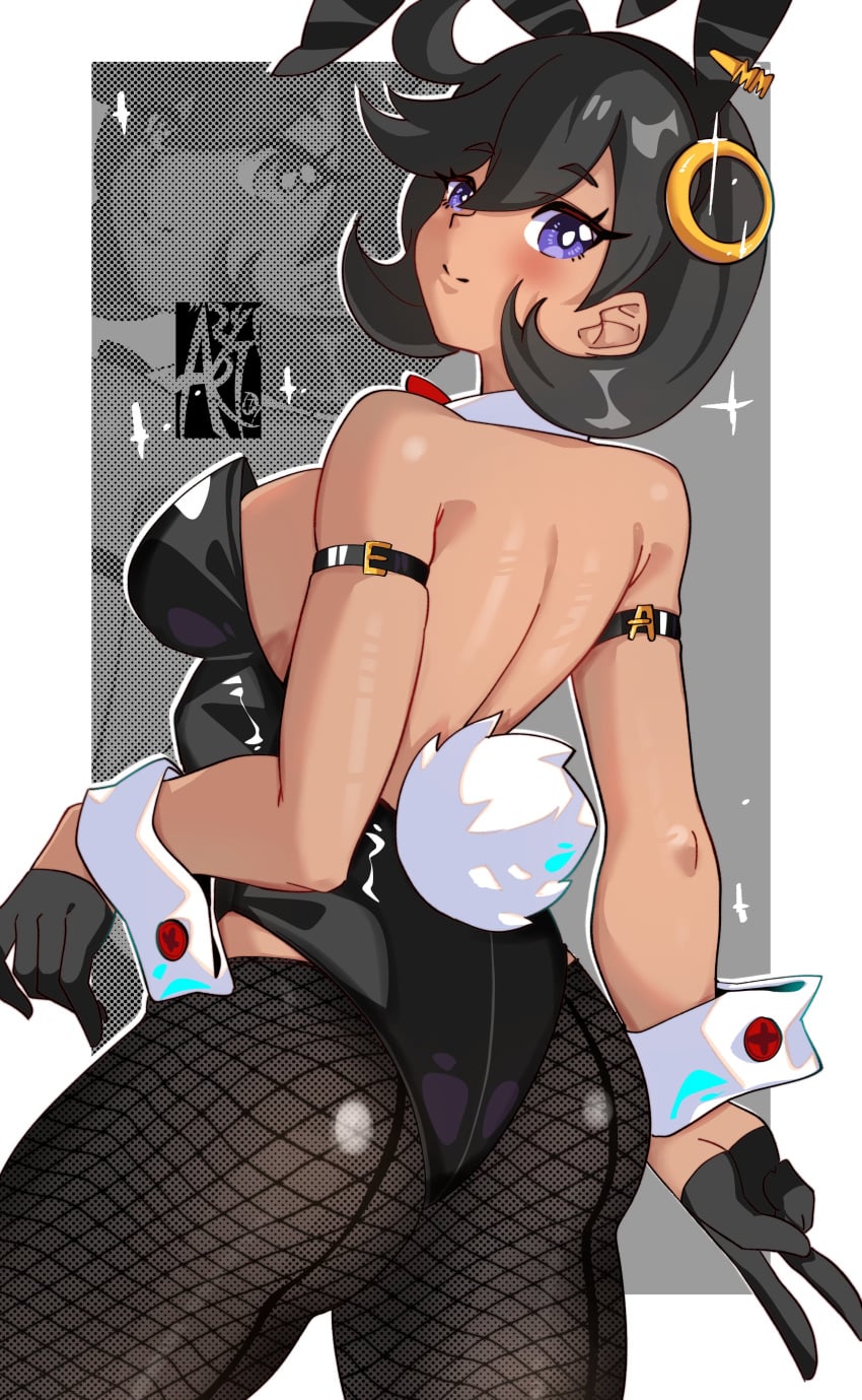 1girls :> absurdres alternate_costume animal_ear_hairband animal_ears aryi077 ass ass_focus black_gloves black_hair black_leotard border breasts clothing_cutout curvy dark-skinned_female dark_skin detached_collar emma_(pokemon) fake_animal_ears fat_ass female fishnet_pantyhose fishnets gloves grey_background hairband highres hip_vent leotard looking_at_viewer looking_back matiere_(pokemon) matiere_(pokemon_legends:_z-a) pantyhose playboy_bunny pokemon pokemon_legends:_z-a purple_eyes rabbit_ear_hairband rabbit_ears rabbit_tail short_hair sideboob simple_background solo standing strapless strapless_leotard tail thick thick_ass thighs upper_body v white_border white_wrist_cuffs wrist_cuffs