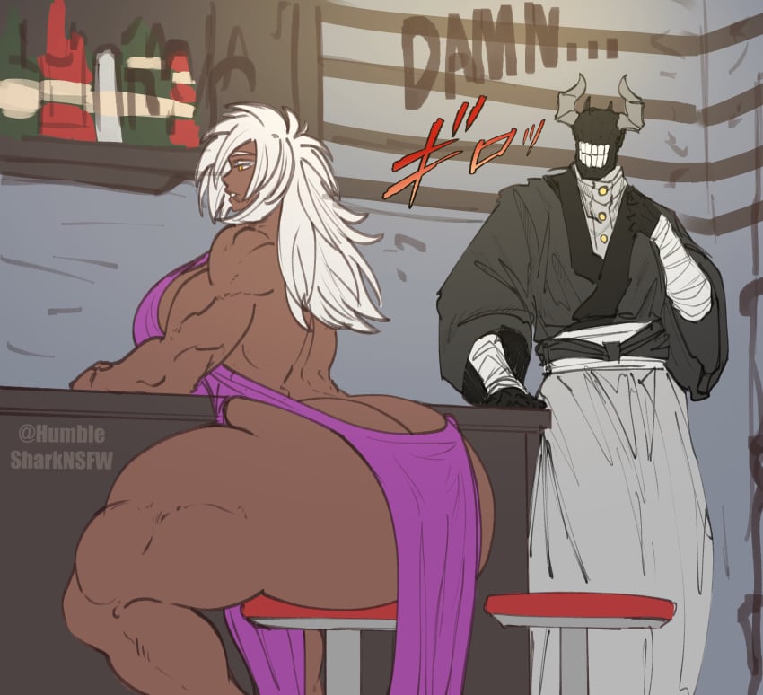 1boy 1girls bar big_ass dark-skinned_female fat_ass fuku_(humble_shark) humble_shark kunoichi ninja oc original_character purple_dress voluptuous voluptuous_female white_hair
