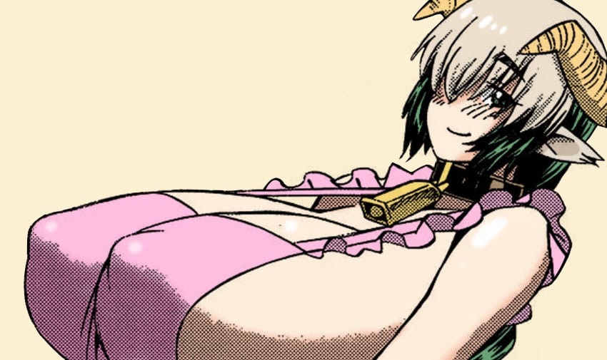 2_colors_hair animal_ears apron apron_only bangs big_breasts blush blush_lines braided_hair breast breasts breasts_bigger_than_head collar cow_collar cow_ears cow_girl cow_horns female female_only green_hair horns long_hair manga_color manga_panel minotaur minotaur_futa minotaur_girl monster monster_girl monster_musume_no_iru_nichijou nipples nipples_under_clothes nipples_visible_through_clothing okayado pink_apron shy_expression shy_girl shy_smile urt_(monster_musume)