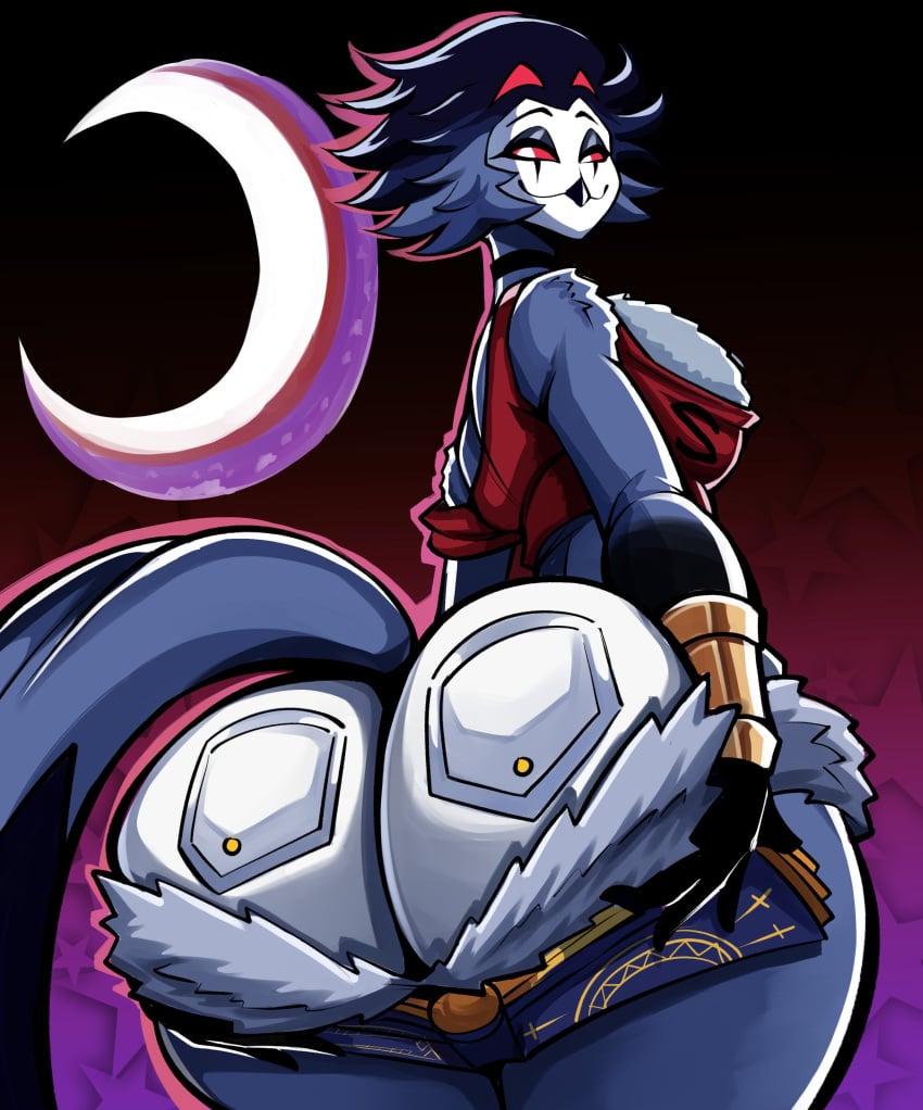 1boy anthro ass ass_focus ass_support big_ass black_hair bottom_heavy bubble_butt clothing demon fat_ass femboy furry furry_only helluva_boss huge_ass large_ass looking_at_viewer looking_back male male_only massive_ass multi_eye nathanatwar red_eyes solo stolas_(helluva_boss) tail tail_feathers thick_ass thick_thighs thunder_thighs whateverdoes wide_hips