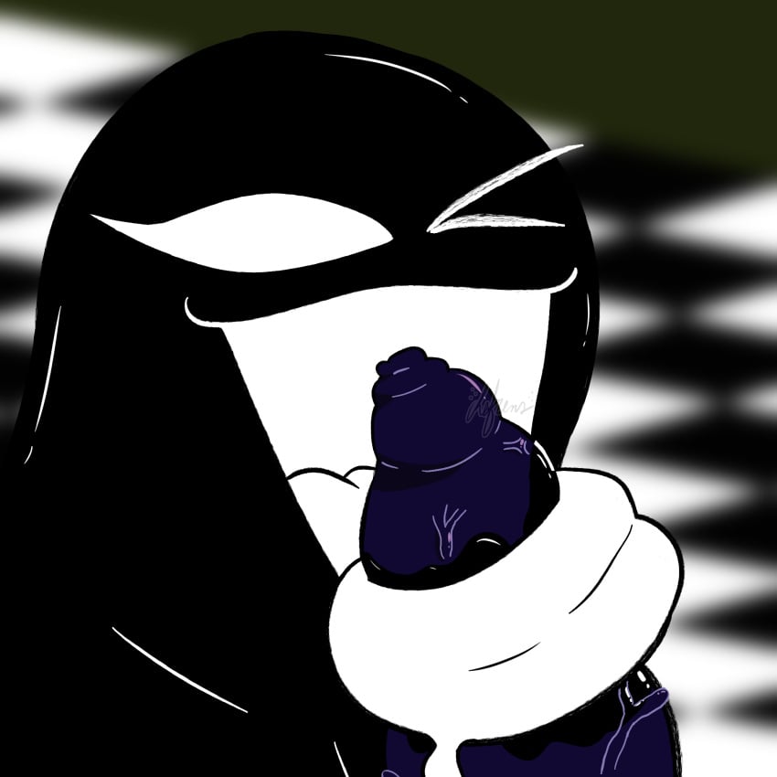 anthro avian big_penis bird black_body chefrens corvid corvus_(genus) crow duo female genitals ghost happy hi_res huge_cock humanoid intersex intersex/female one_eye_closed open_mouth oscine passerine penis purple_body raven rayfu_(chefrens) solo spirit tongue tongue_out tongue_play vein veiny_penis yoka_(chefrens)