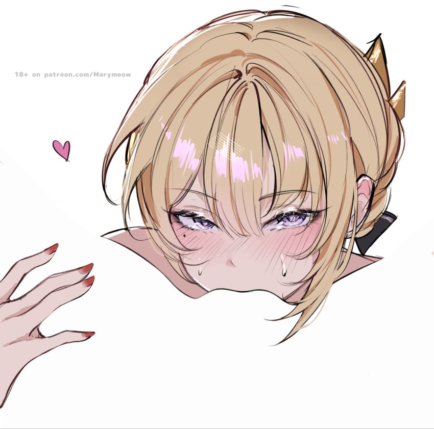 2girls astra_yao blending blonde_hair blush commentary_request cunnilingus english_commentary evelyn_chevalier female_pov fingernails hair_between_eyes hand_on_another's_thigh heart highres implied_cunnilingus looking_at_viewer maria_(marymeow) meme mixed-language_commentary mole mole_under_eye multiple_girls negative_space negative_space_cunnilingus_(meme) oral paid_reward_available patreon_username pov purple_eyes red_nails silhouette simple_background sweat white_background yuri zenless_zone_zero