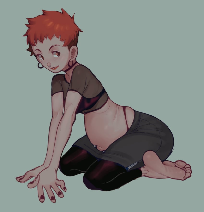 barefoot bra choker crop_top earrings feet female female_only foot_fetish full_body green_eyes hellbrain hoop_earrings leggings navel_piercing nose_piercing nose_ring orange_hair original original_character outie_navel pregnant red_lipstick septum_piercing septum_ring short_hair sitting smile solo tammy_(hellbrain) thong thong_straps very_short_hair