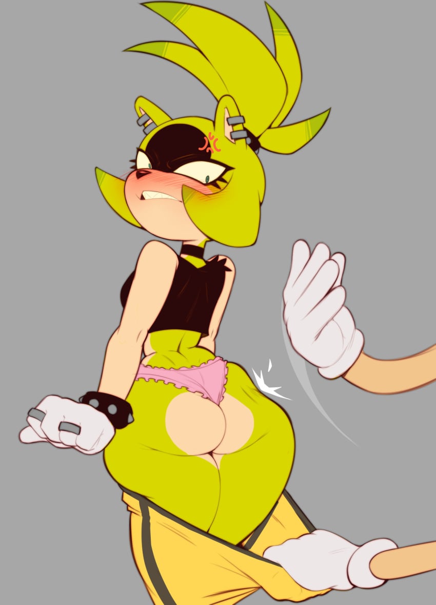 anthro anthro_female anthro_focus anthro_only ass_focus ass_jiggle blush clothed disembodied_hands ear_piercing exposed_ass fur furry green_fur green_hair lurkin off_screen_character panties pink_panties pulling_down_pants punk punk_girl smacking_ass sonic_(series) sonic_the_hedgehog_(idw) sonic_the_hedgehog_(series) surge_the_tenrec thick_thighs