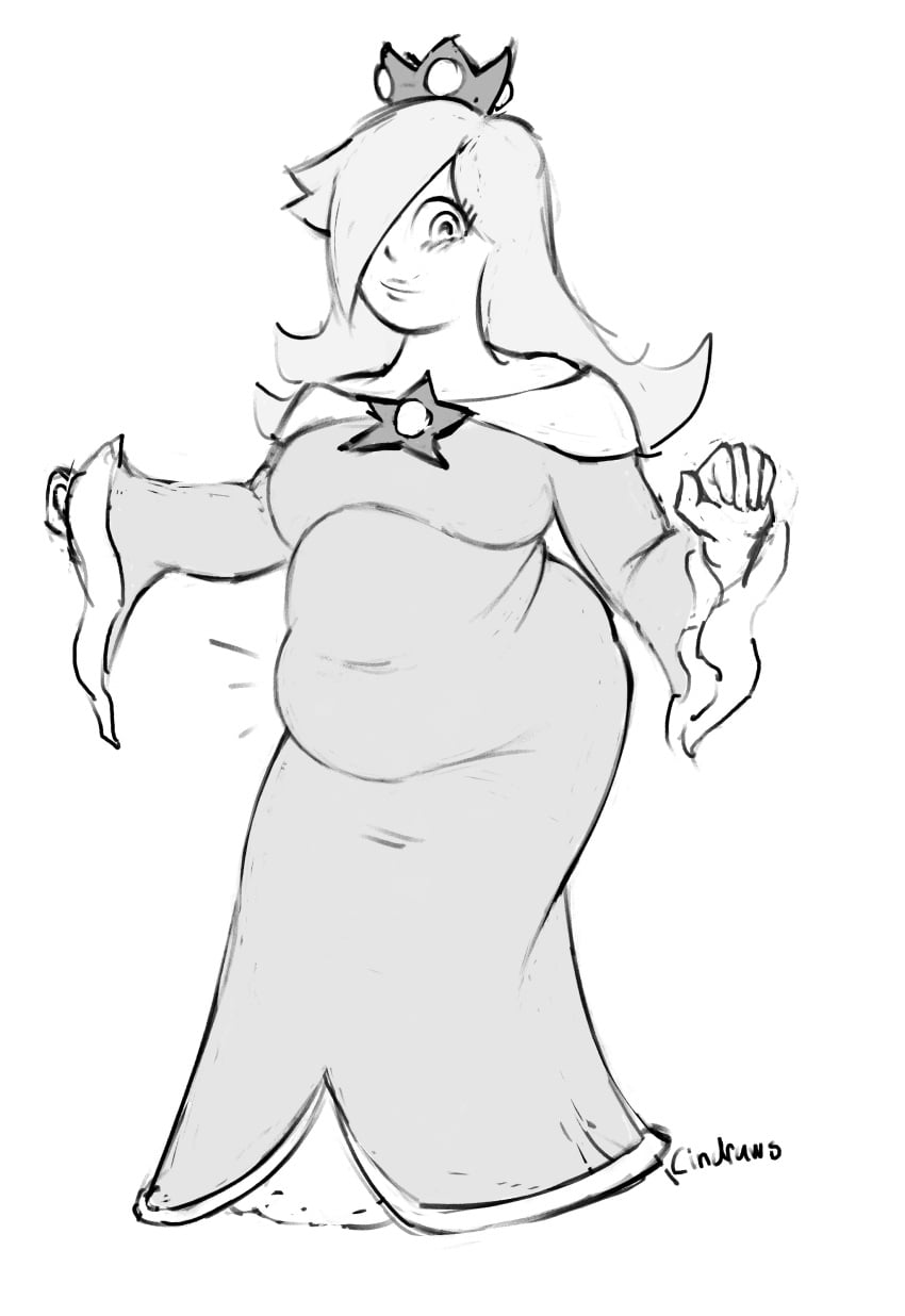 chubby chubby_belly chubby_female cindraws crown fully_clothed greyscale lips long_hair mario_(series) princess princess_rosalina rosalina sketch tight_clothing