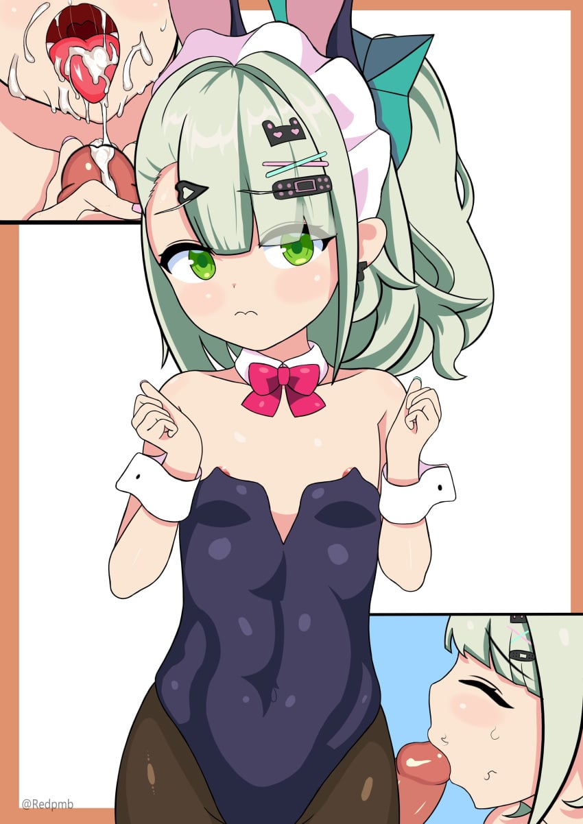 1boy 1girls alternate_costume angels_of_delusion animal_ears bare_shoulders black_leotard black_pantyhose blunt_bangs bow bowtie brown_pantyhose bunnysuit chinatsu_remiel closed_mouth clothing collarbone covered_navel cowboy_shot cum cum_in_mouth cum_on_tongue detached_collar earrings erection eyes_visible_through_hair facial fellatio female flat_chest green_eyes green_hair hair_ornament hairbow hairclip hands_up highleg highleg_leotard hoyoverse jewelry leotard long_hair looking_at_viewer maid_headdress male mihoyo mihoyo_technology_(shanghai)_co._ltd. multiple_views nipple_slip nipples oral oral_sex outside_border pantyhose penis penis_grab pink_bowtie playboy_bunny ponytail rabbit_ears red_bow red_bowtie redpmb sidelocks simple_background small_breasts solo_focus straight strapless_leotard sunna_(zenless_zone_zero) teeth tongue tongue_out wavy_mouth white_background white_collar white_wrist_cuffs zenless_zone_zero