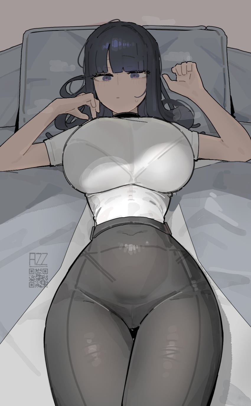 1girls 2026 artist_name azz0422 bed big_breasts blue_eyes blue_hair bra breasts clothed clothing collar color colored curvy curvy_female curvy_figure digital_media_(artwork) female female_only hair hi_res huge_breasts looking_at_viewer lying lying_on_bed oc original original_character pants qr_code see-through see-through_clothing see-through_shirt shirt solo thick_thighs thighs