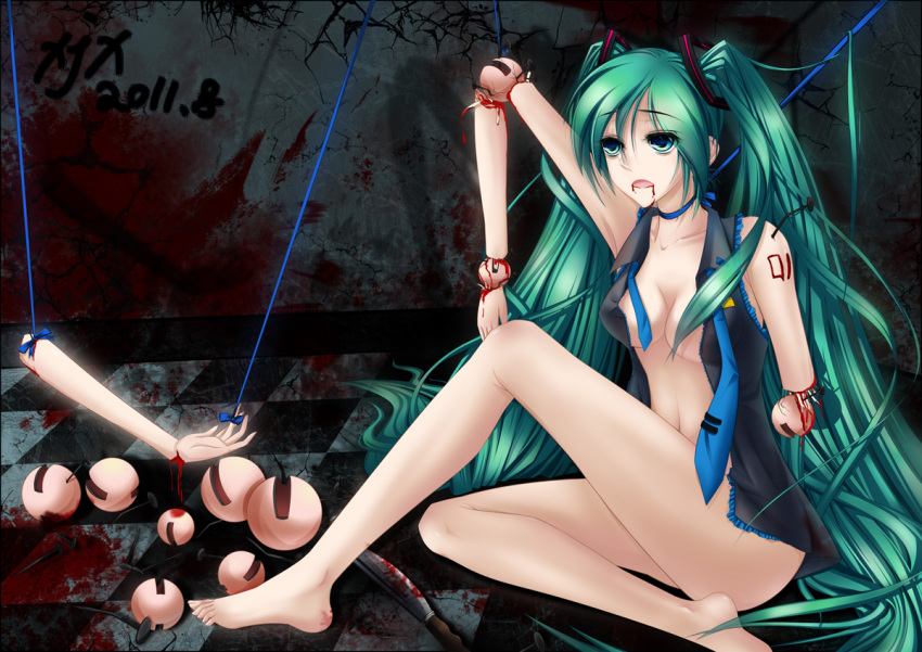 amputation arm beige_skin bleeding blood blood_stain bloody_knife bottomless breasts clothes color dismemberment female female_only gore hair hatsune_miku injury knife long_hair nail open_clothes severed_arm sitting skin solo tied_hair twintails vocaloid wound