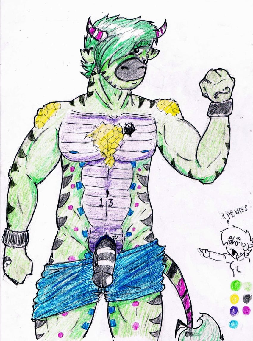 1boy 2d abdomen abs alebrije alebrijeman alligator anthro anthro_focus anthro_only anthro_solo belly_button bovine bovine_humanoid bull cock dialogue dick eljon exclamation exclamation_mark exclamation_point exclamation_sign furry furry_male furry_only fursona hair hi_res high_resolution highres humanoid lizard male male_only multicolored_body multicolored_hair muscles muscular muscular_male number number_on_body numbers one_eye_obstructed penis reptile scalie short short_hair short_tail simple_background solo solo_male spanish_dialogue spanish_text tail text thoro_(alebrijeman) traditional_art traditional_drawing traditional_media vein veiny veiny_penis white_background